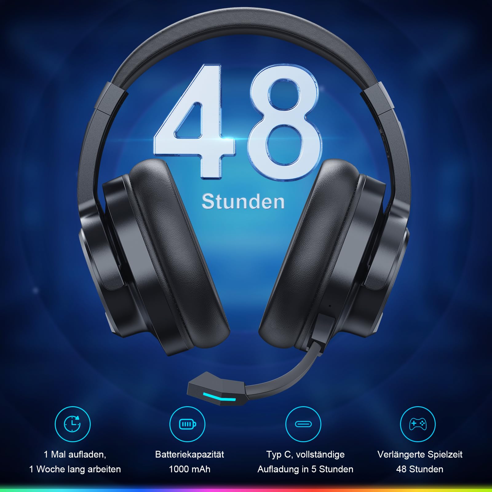 Krysenix PG3 Gaming Headset Wireless für PS4, PS5, PC, Mac, Switch, 48H 2.4GHz Gaming Headset mit Noise Cancelling Mikrofon, Kabelloses Bluetooth Headset mit LED-Lichtern, Surround Sound