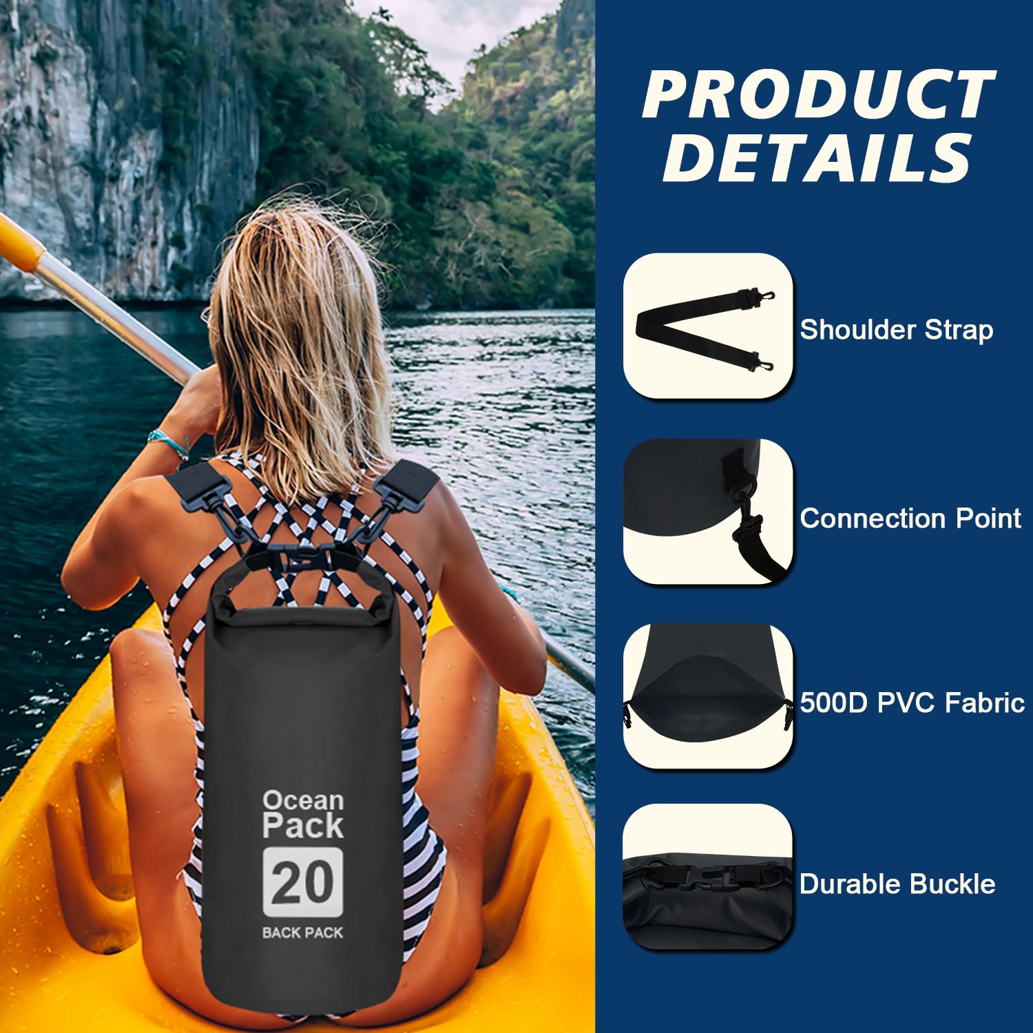 supregear Waterproof Dry Bag, 15L Roll Top Dry Sack, Versatile Ditty Backpack with 2 Detachable Straps for Boating Hiking - Image 4