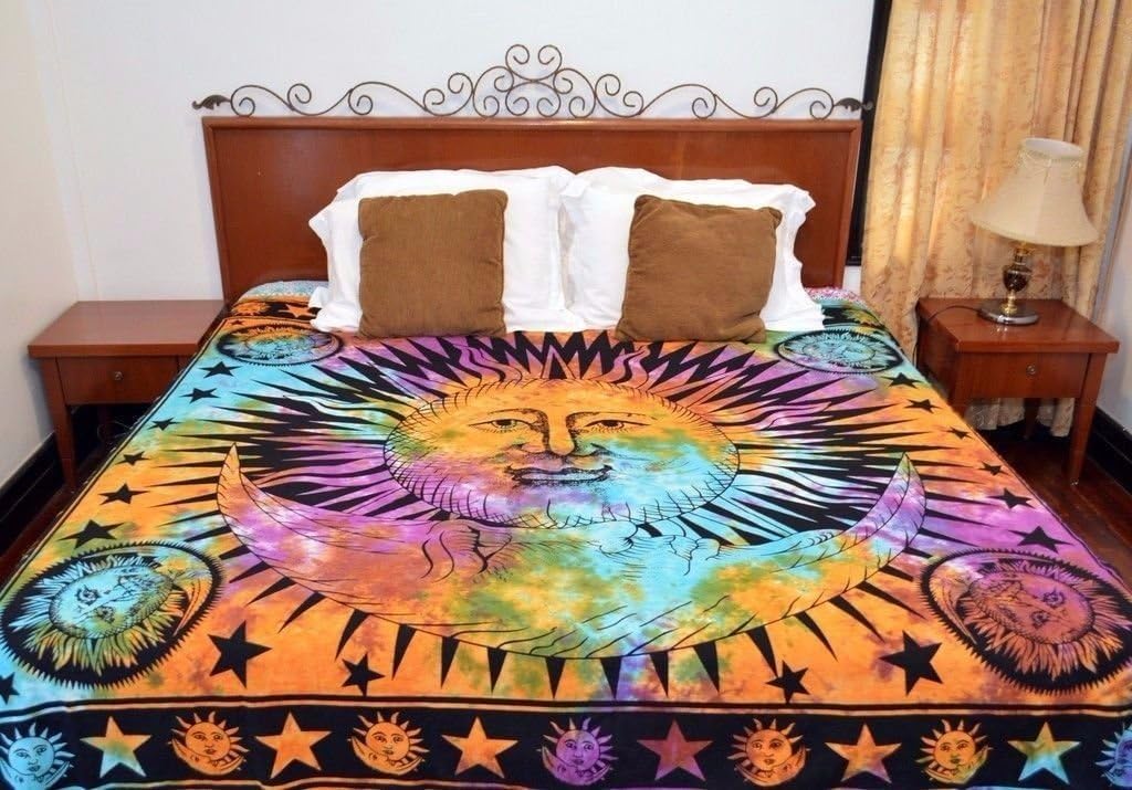 Vedant Designs Psychedelic Celestial Sun Moon Duvet Cover Set Indian Sun Hippie Hippy Bedding Set Tie Dye Comforter Cover (Green Ombre Duvet Cover)