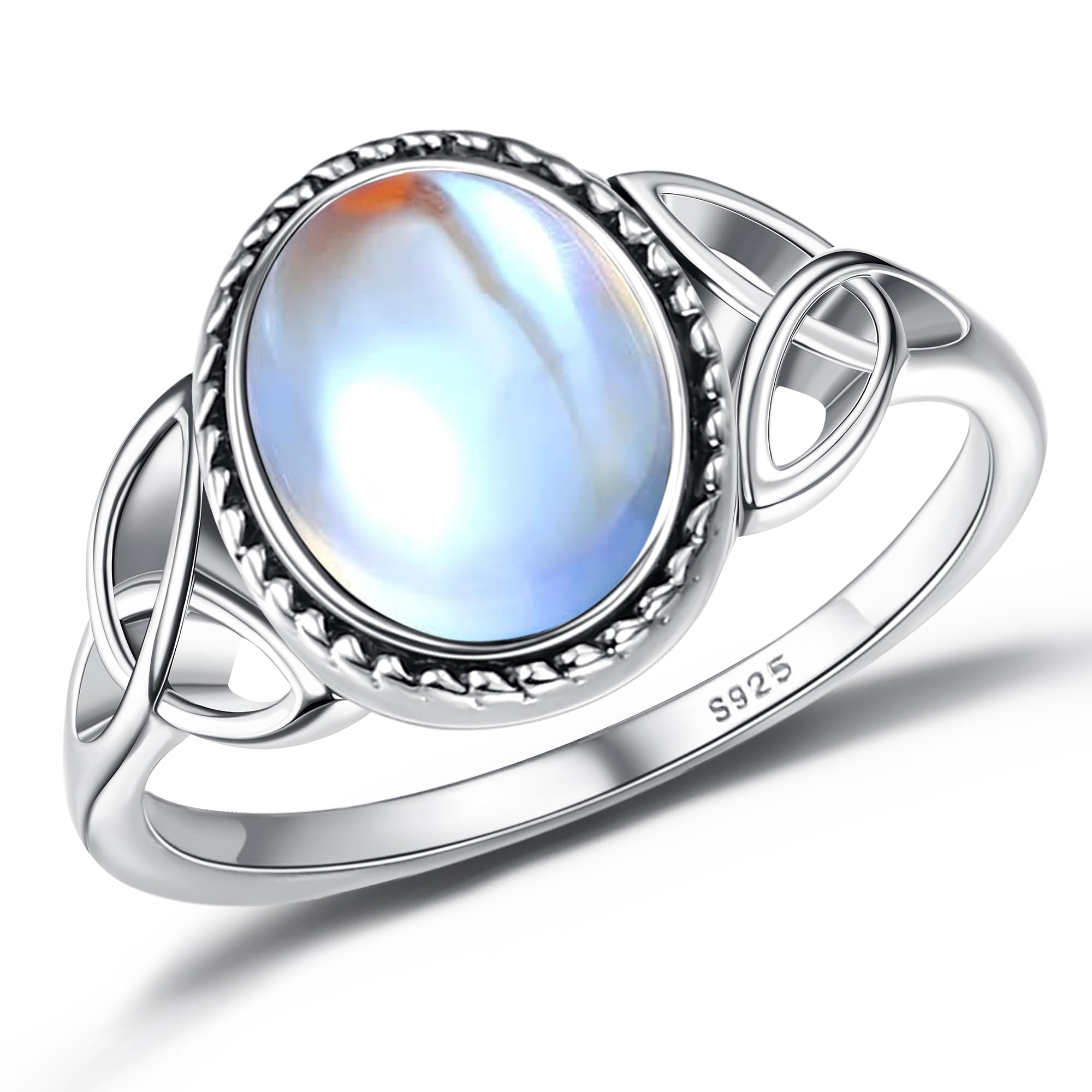 ADRAMATA925 Sterling Silver Moonstone Ring for Women 18K White Gold Plated Rainbow Moon Stone Rings Victorian Style Gemstone Solitaire Oval Moonstone Ring for Mothers Day Gifts