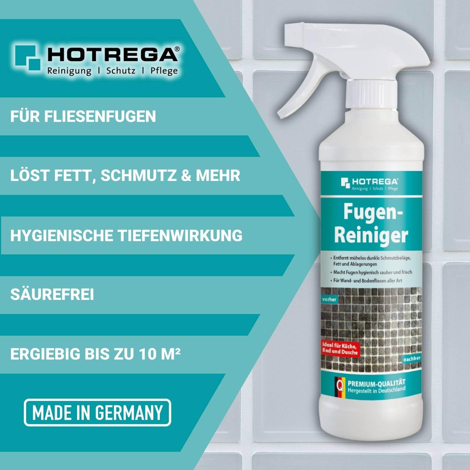 HOTREGA Fugenreiniger 500ml + Fugenimprägnierung 1L | Set für zementäre | Tiefenreinigung & Schutz | Unsichtbare Versiegelung gegen Kalk, Fett, Nässe | Ideal für Bad, Dusche, Küche | Lösemittelfrei