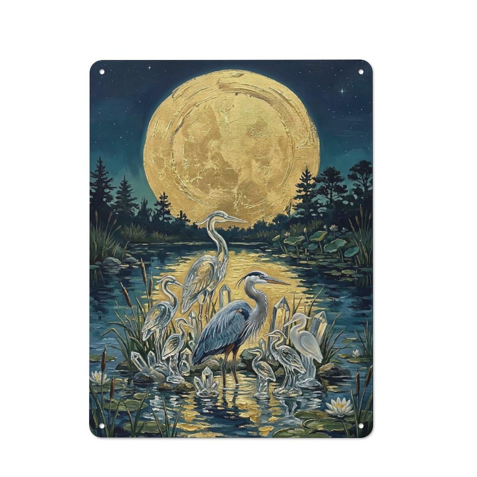 Junmoney Style-24 Herons And Crystals Under The Full Moon Workshop Style Metal Wall Decor 40X30cm, Decorative Metal Plaque For Garage, Workshop, Shed Or Utility Room