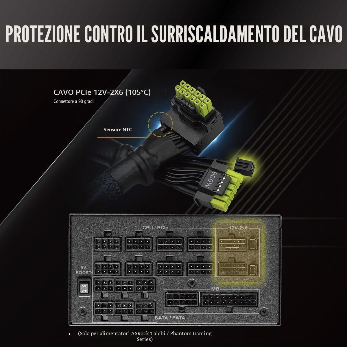 ASRock Cavo di alimentazione 12 V-2 x 6 600 W, conforme ATX 3.1 e PCIe 5.1, connettore GPU a forma di L, terminali HCS 16 AWG, per PSU ASRock Taichi/Phantom Gaming da 750 W +