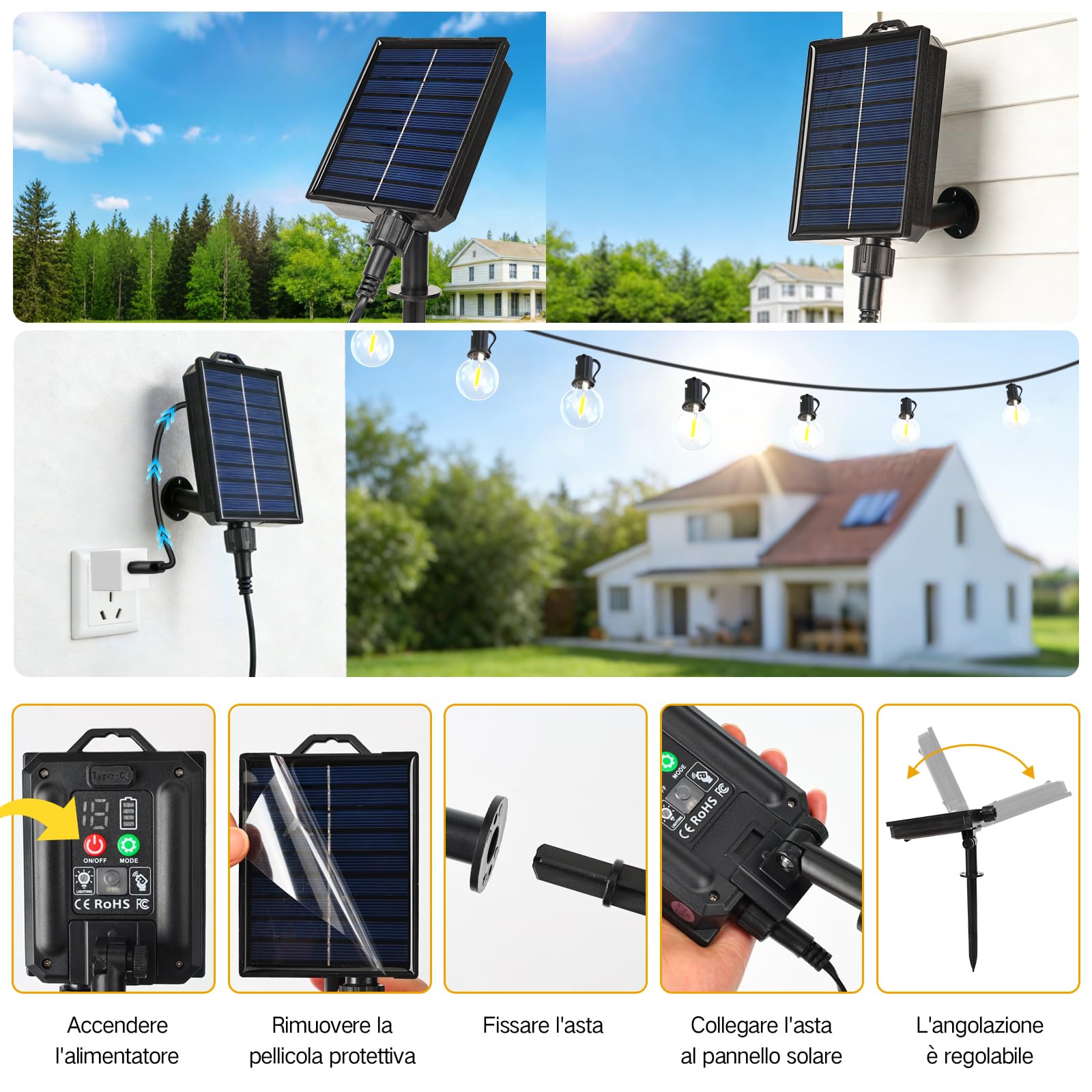 Catena Luminosa Esterno Solare 15M, Luci Solari da Giardino con Telecomando, 17+1 Lampadine LED G40, IP65 Impermeabile, Dimmerabile, Lucine Esterno Energia Solare per Patio Balcone Gazebo Matrimonio