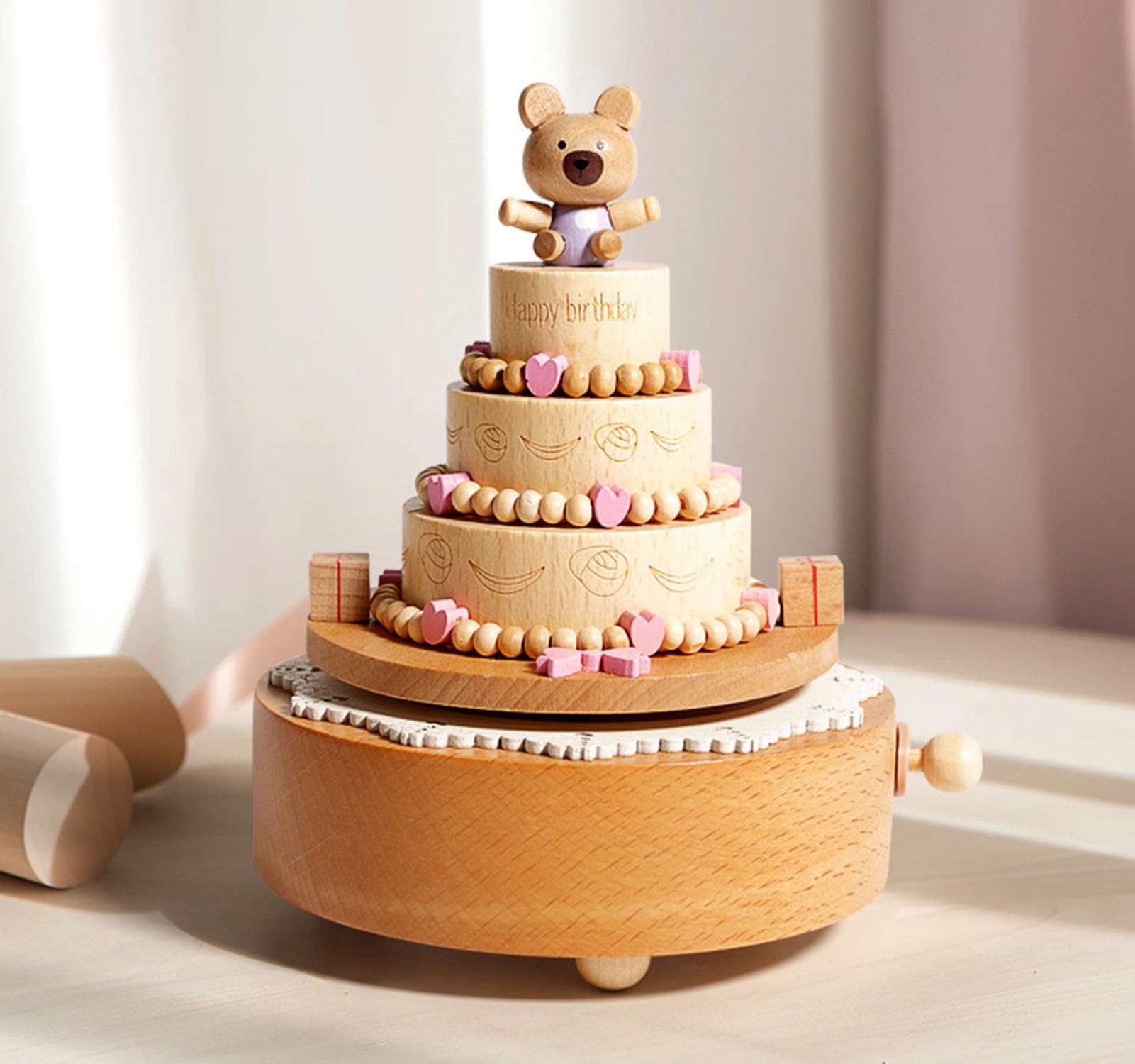 Scatola Musicale a Forma di Torta di Compleanno in Legno, Scatola Musicale con Orso Rotante