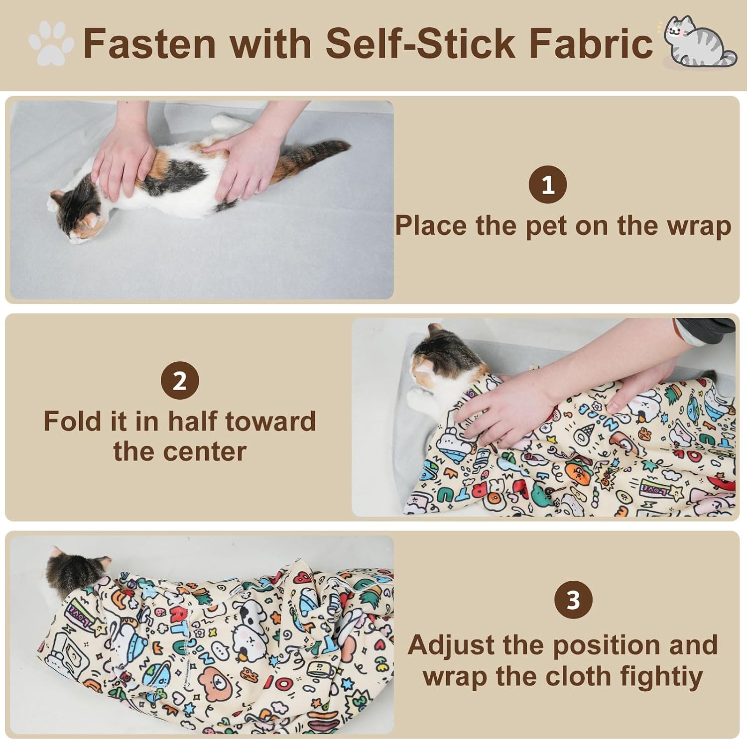35.5" Extra Large Cat Grooming Wrap – Anti-Escape Cat Wrap for Cutting Nails, Brushing & Medication – Soft, Comfortable, Reusable, Self-Adhering, Holds Cats Up to 22lbs (Elephant Cat)