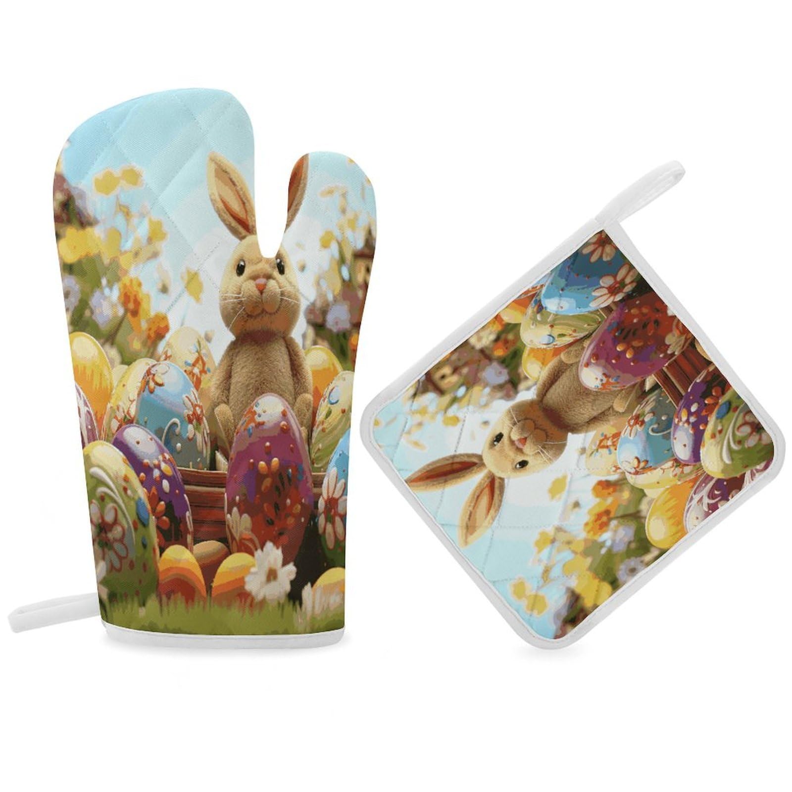Fodpand Women's Style Easter Colorful Eggs Oven Mitts And Pot Holders Sets,Oven Gloves For Kitchen Oven Mitts And Potholders For Baking Cooking Grilling Apartment Essentials