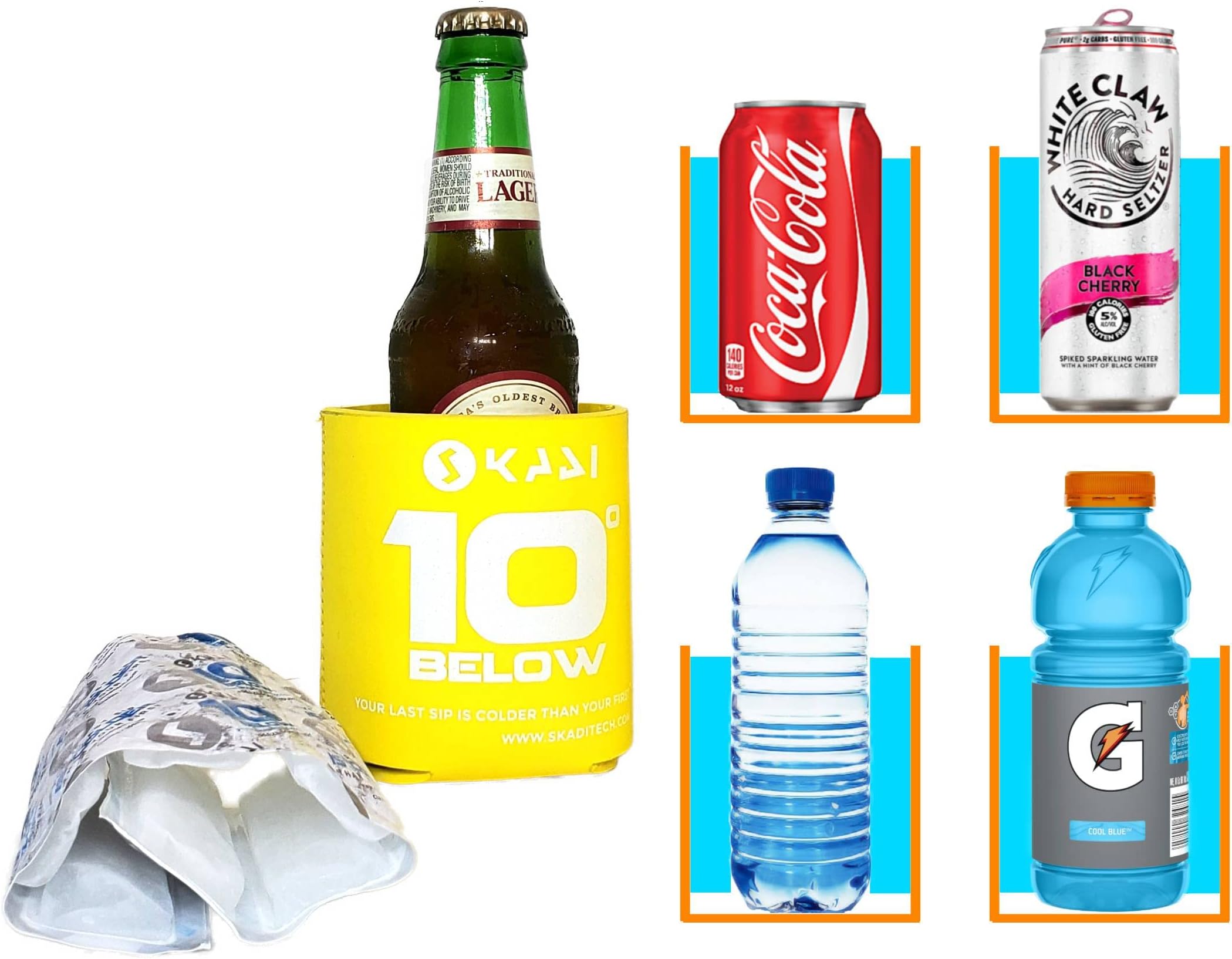 10 Below Classic Freezable Can and Bottle Cooler - Cools to Zero and Below! Swappable ThermPak - 4 in 1 Design - Yellow