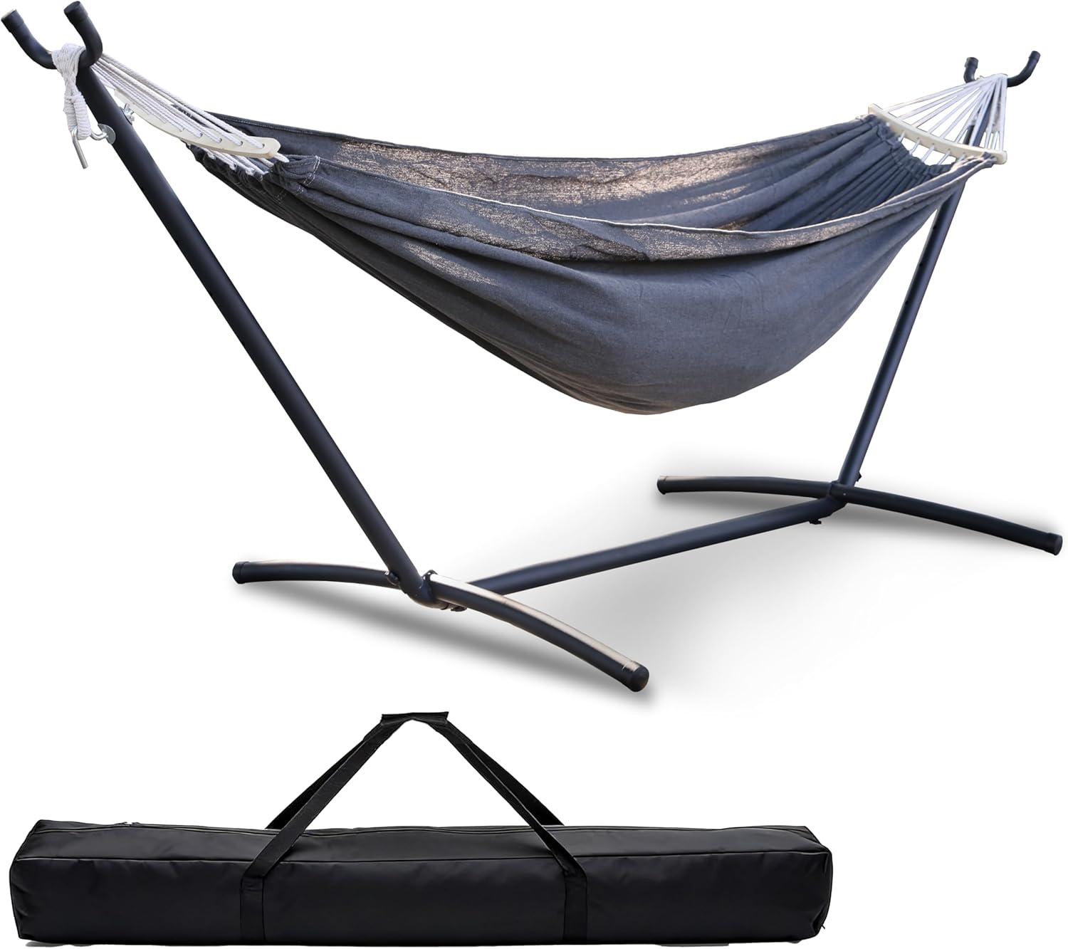 Free Standing Hammock with Stand, 550lbs Capacity - Anti-Flip Curved Spreader Bars - Premium Cotton Portable Hammock for Deck, Porch, Garden - Easy Assembly with Carrying Bag, Heather Gray