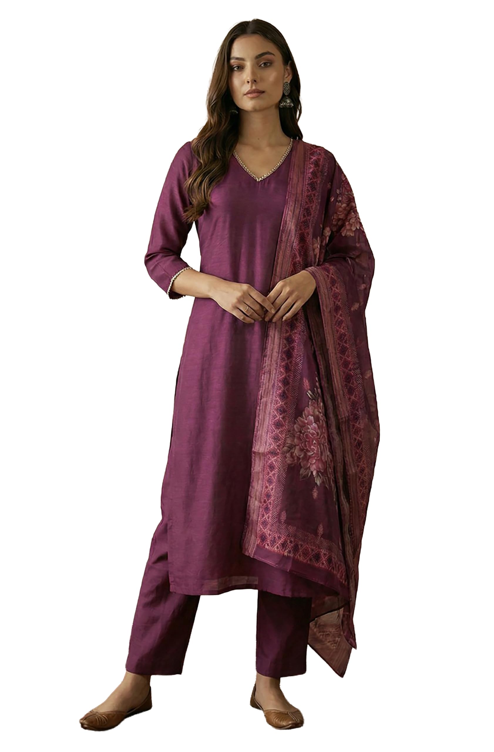 janasya Women's Wine Silk Blend Straight Kurta Set With Printed Dupatta-picture-14