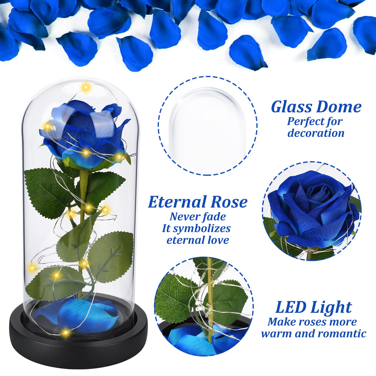 La Bella e La Bestia Rose Incantate, Rosa Eterna, Elegante Cupola di Vetro con Base Pino Luci LED, Romantico Kit di Rose per Il San Valentino Anniversario Matrimonio Regalo di Festa della