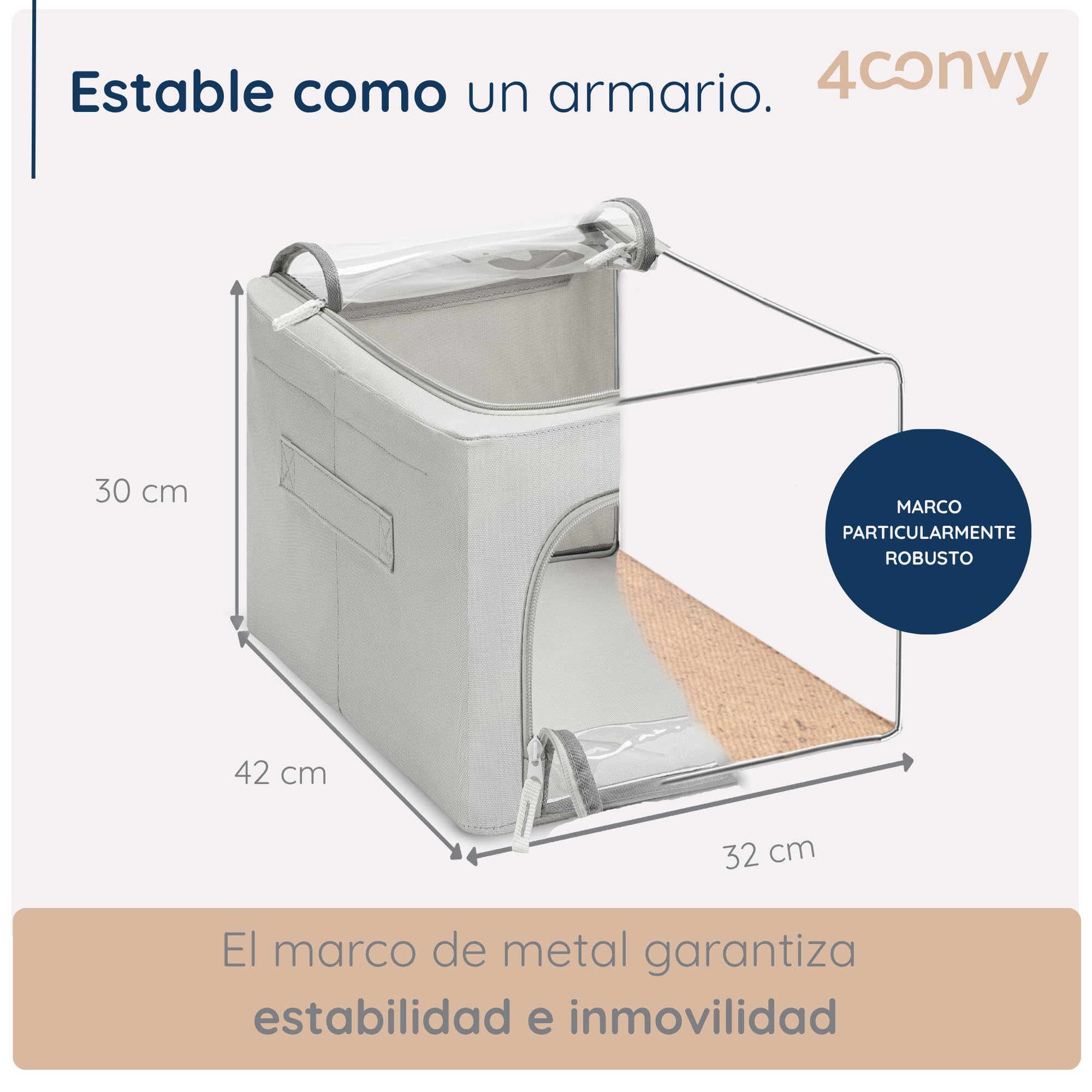 4CONVY Cajas de Almacenaje de Ropa para Armario con Cremallera y Estructura Metálica, 2 Ventanas Transparentes - Cajas Rígidas Apilables - Bolsas de Almacenaje para Ropa, Mantas y Edredones - 3x40L