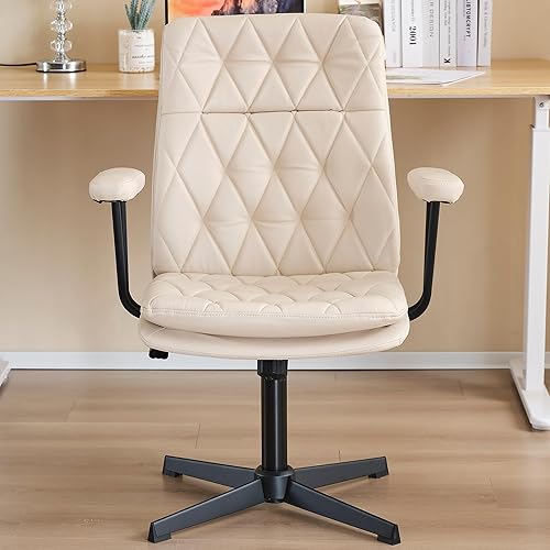 Miniatura 7 de Silla de escritorio sin ruedas, silla giratoria de oficina en casa con patas cruzadas Sillón de acento sólido blanco crema