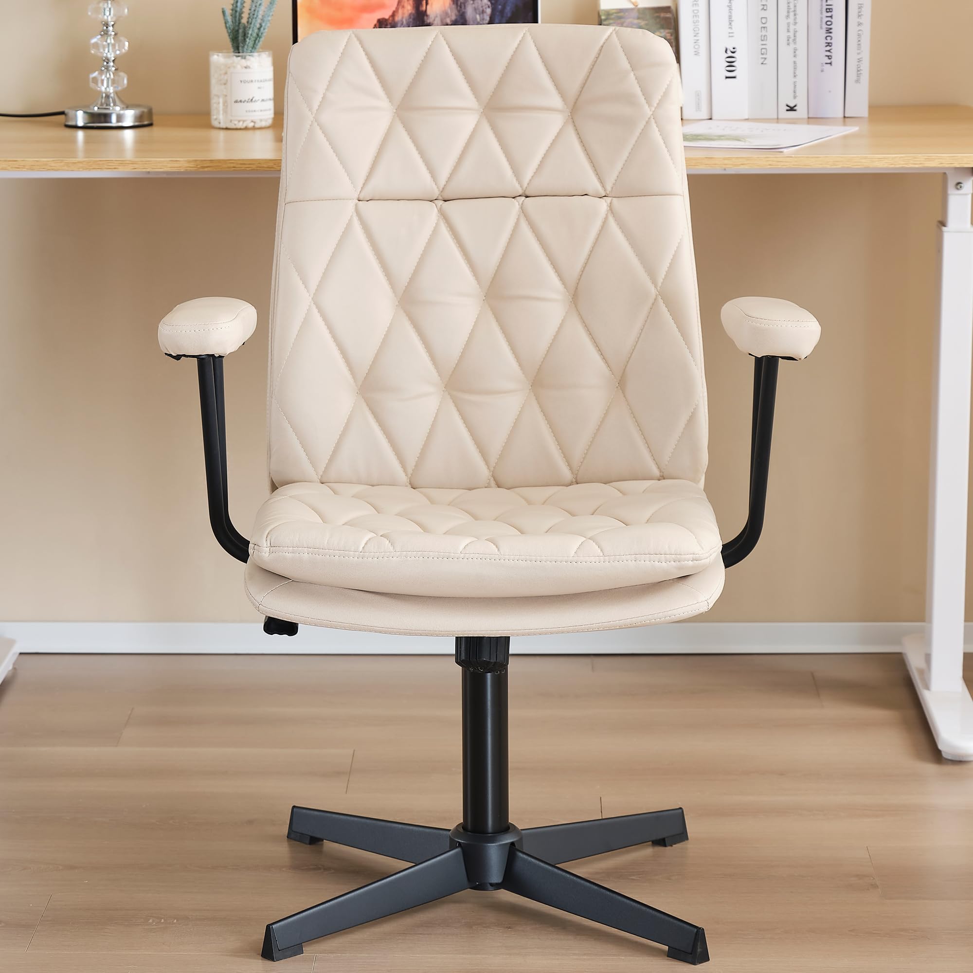 Silla de escritorio sin ruedas, giratoria, inclinable, para oficina en casa, con patas cruzadas, color blanco crema