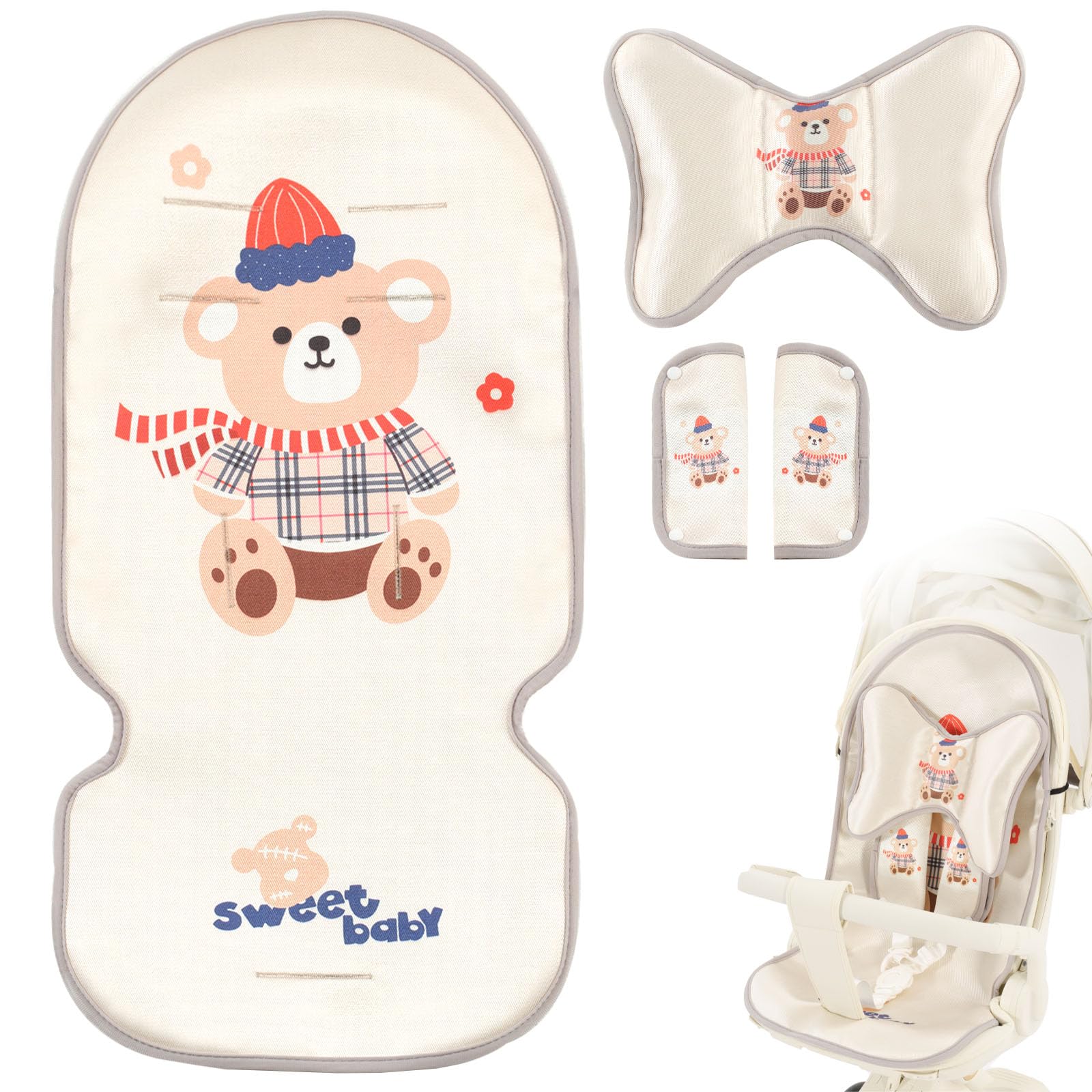 Sitzauflage Kinderwagen Sommer Kinderwagen, 5 Punkt Gurt Kühlkissen Weiche Atmungsaktive, 3 Stück Kühler, Kissen Schulterpolster, Kopfkissenkinder, Mit Niedlichen Tieren (Bär)
