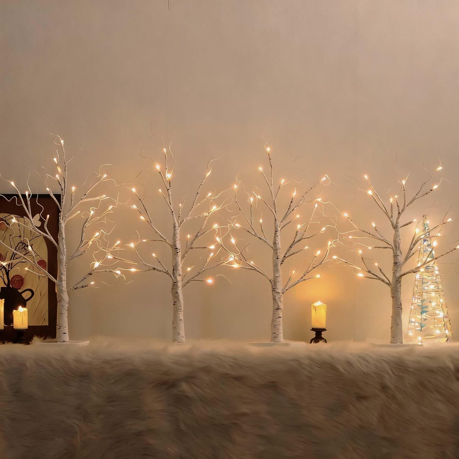 Birch Tree with LED Lights Set of 4, Lighted Birch Tree Battery Powered/USB, 24 LED Warm White Tree, 2FT Small Flickering Christmas Tree Decor for Indoor Home Mantel Winter Christmas Decorations 4PCS