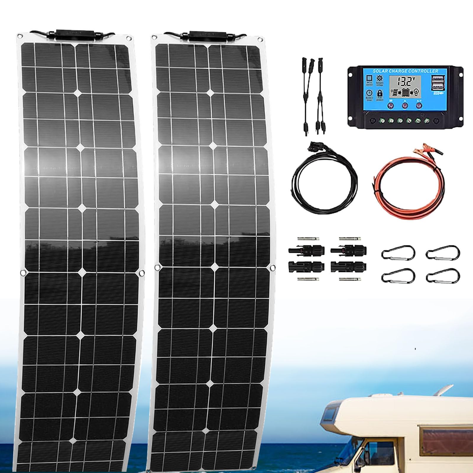 Pannello Solare per Auto, Caricabatterie Monocristallino ad Energia Solare a Protezione Multipla, Controller Caricabatterie per Auto Portatile per Auto Camper Barche,White