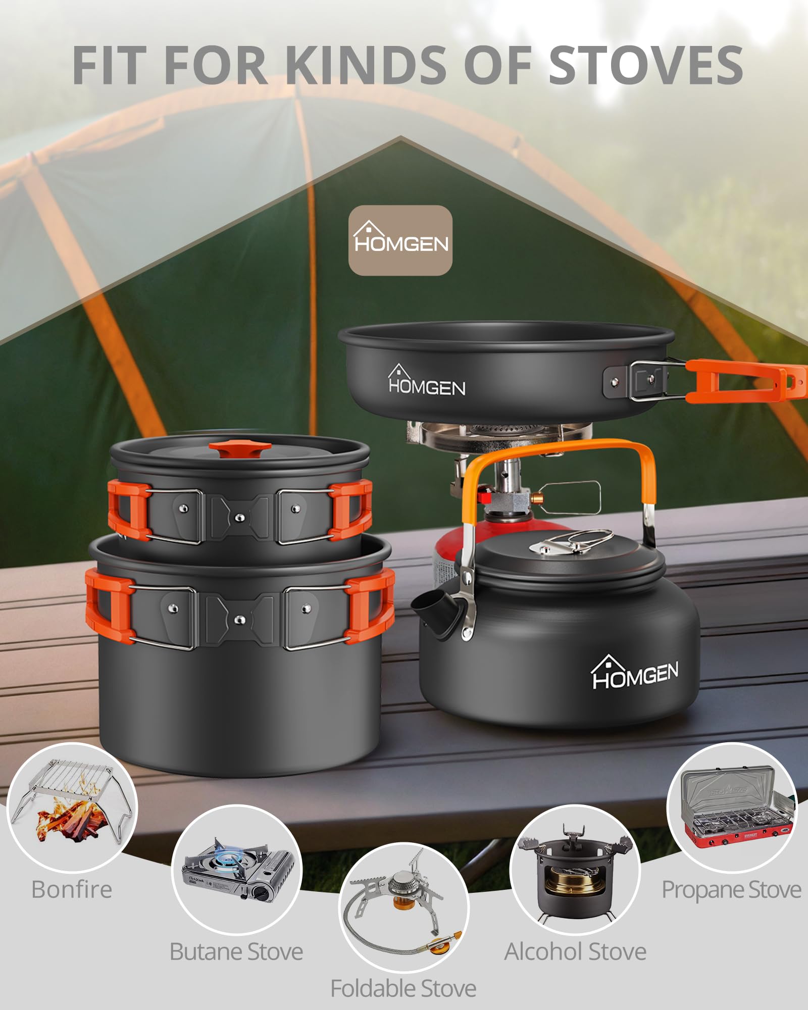 HOMGEN Set di pentole da campeggio portatile, in alluminio leggero, per 4 persone, con pentole di 2 dimensioni, una padella, 5 fiocchi, 3 piatti e bollitore, kit completo per campeggio