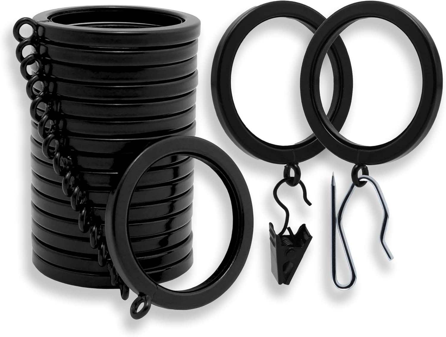 BlastHome® Luxury Curtain Rings – Premium Metal with Quiet, Smooth Nylon Inserts – Pinhooks and Clips Included – 1 1/2" Inside Diameter – 18 Rings for Two Standard Curtains – Tuxedo Black Round 18 Pack for Two Curtains Tuxedo Black