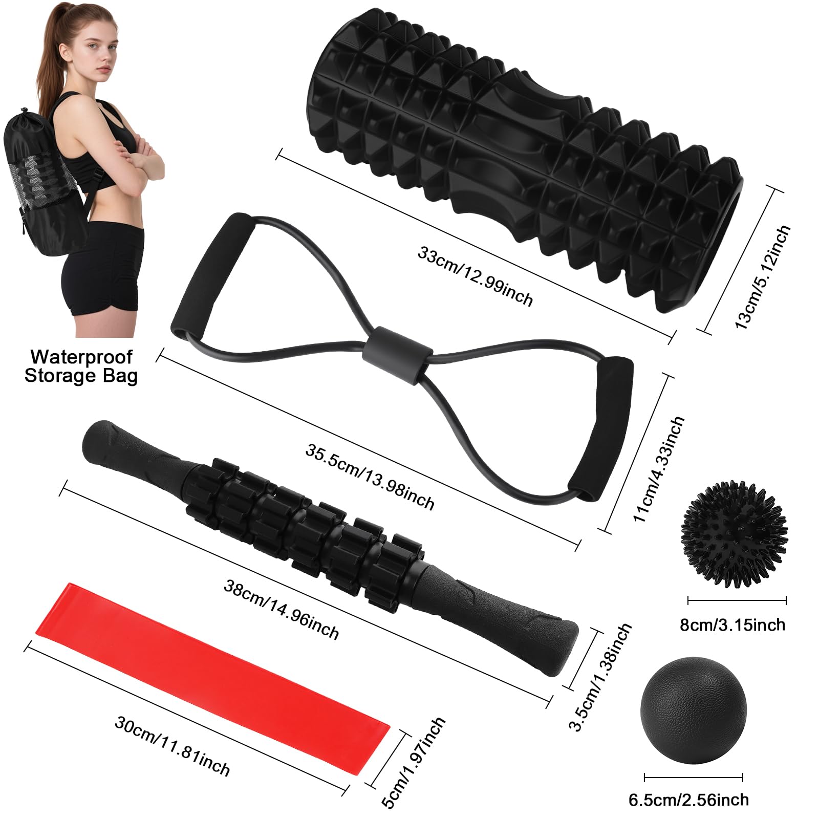 Rouleau de Massage,7 en 1 Foam Roller Kit,Rouleau de Massage Musculaire,Bâton de Rouleau de Massage,Boule de Fascia,Tendeur,Bandes de Résistance pour Massage Profond des Tissus Musculaires