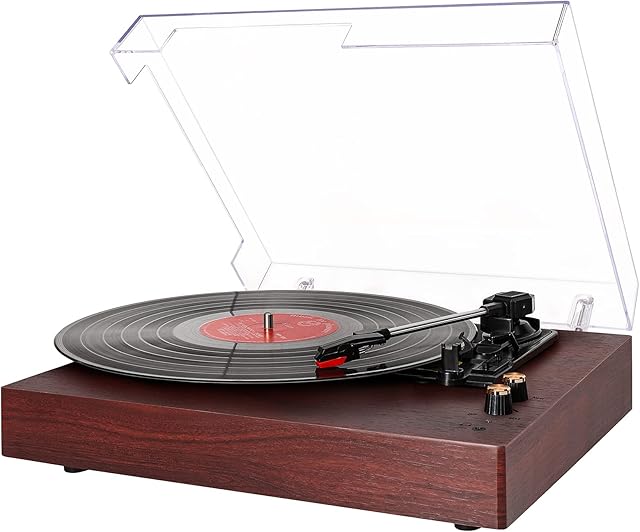 Record Player, Bluetooth Turntable, Record Player with 2 Stereo Speakers, Wireless 3-Speed 33/45/78RPM, Support Headphone Jack/USB/AUX-IN/RCA-Out