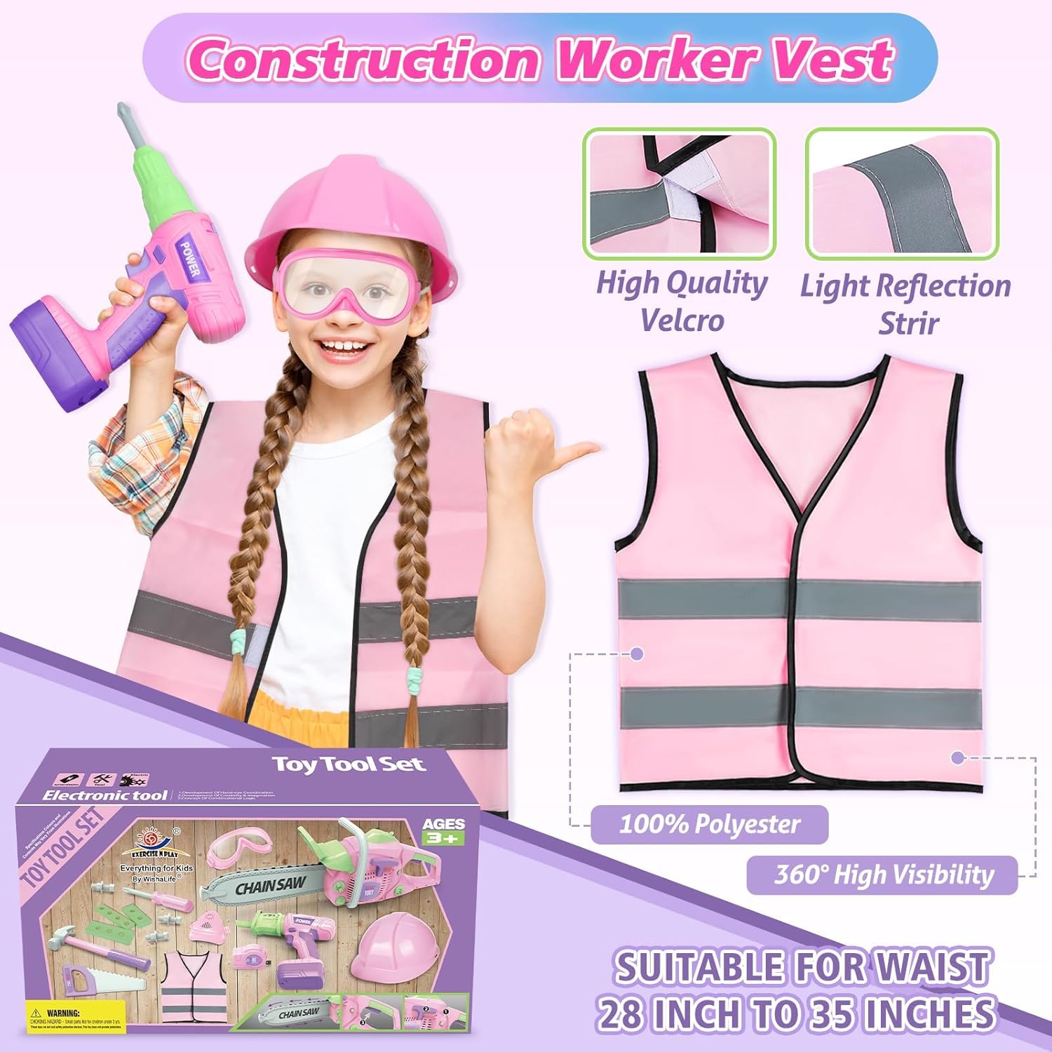 Kids Tool Set, Pink Tool Set for Girls with Toy Chainsaw, Electric Toy Drill, Hammer, Working Vest, Construction Pretend STEM Toy Tool Kit for Gifts for Kids Age 3 4 5 6 7 Years Old