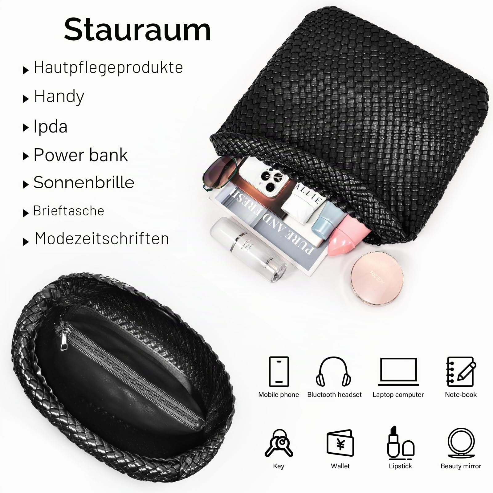 oscaurt Tragetasche für Damen, gewebte Ledertasche, gewebte Tragetasche, Damen-Handtaschen, Schultertaschen, Einkaufstasche, Top-Griff, Tasche mit Beutel, Geldbörse