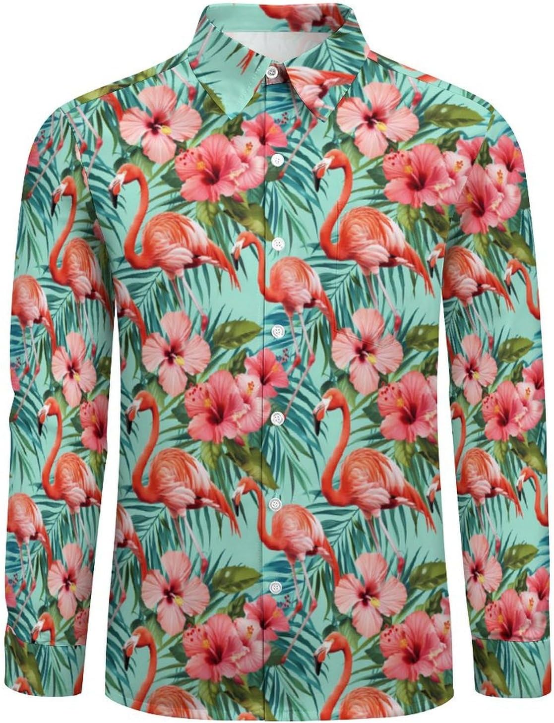 Tropical Flamingos Hibiscus Flowers Novelty Men's Long Sleeve Shirts Casual Button Down Shirt Pullover Tops