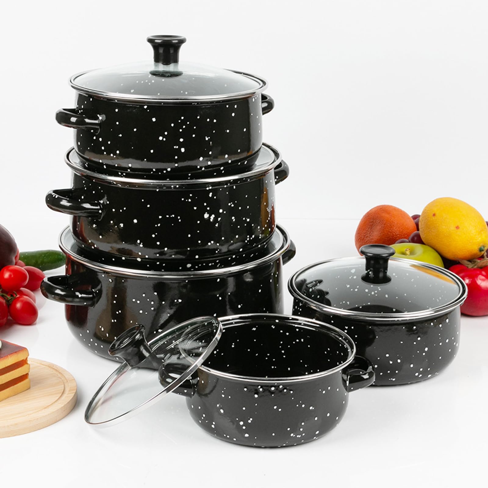 Juego de ollas de cerámica antiadherente, 5 piezas, 16/18/20/22/24 cm, con tapa de cristal, para diferentes tipos de cocina, incluyendo inducción, gas, cerámica, eléctrica y halógena | Batería de Cocina de 16 18 20 22 y 24 cm Compatible con Inducción Gas Eléctrica Vitrocerámica y Halógena