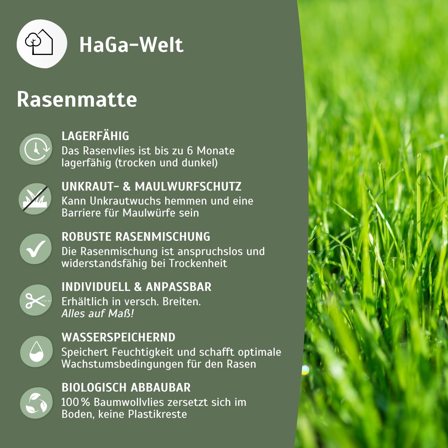 HaGa Rasenmatte 1m x 25m – biologisch abbaubarem Baumwollvlies – schnelles Wachstum mit eingebetteten Rasensamen – ideal für Garten & Hangbefestigung – natürlicher Rasenteppich mit echten Grassamen