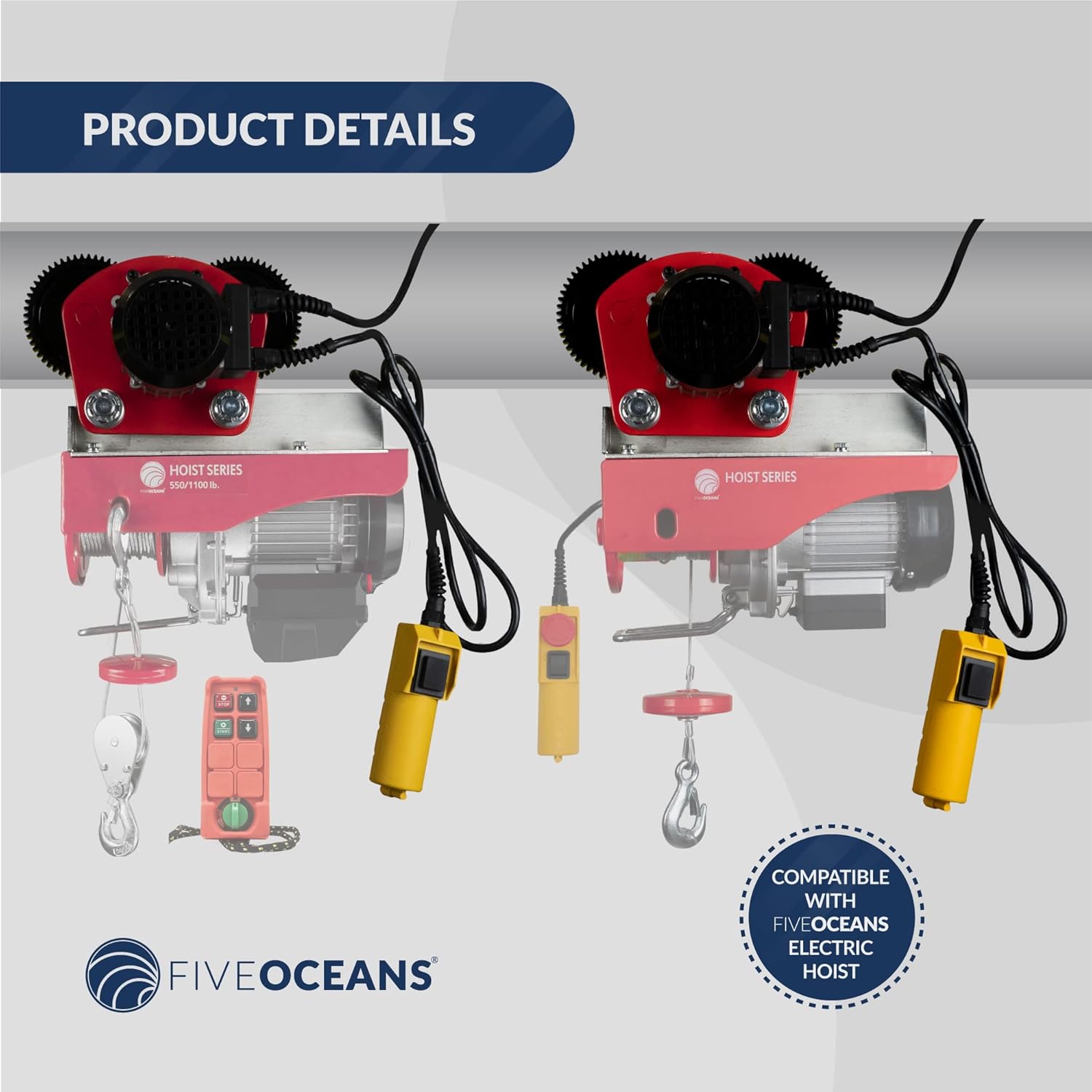 Five Oceans FO4412 Electric Hoist Trolley Up to 2200 lb (1 ton), I-Beam Links, 6 ft Remote Control Wire, 5 ft Power Cord Length, 120 Volts / 60 hz, 220 W Power
