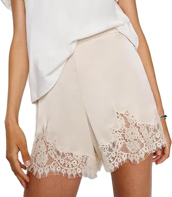 Women Silk Lace Trim Shorts Elastic Waist Y2k Cute Fairy Half Slip Coquette Pajamas Bottoms