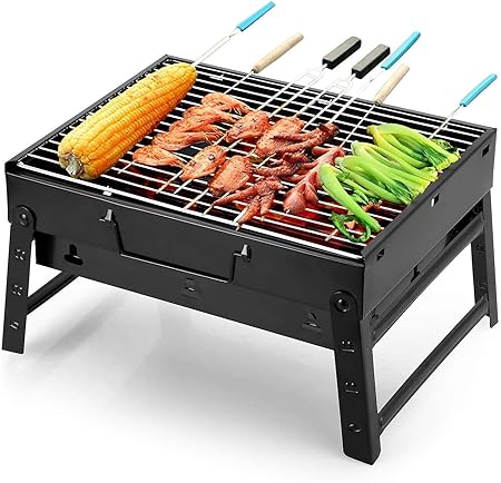GREEVA Metal Body Steel Grill BBQ Barbecue Grill and Tandoor Briefcase Style Portable and Foldable Charcoal Base Various Cooking Tools Black