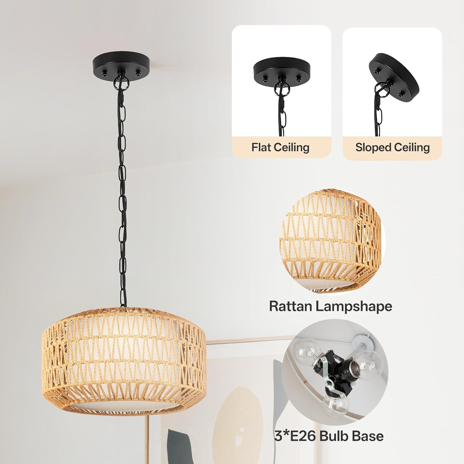 Boho Rattan Chandelier, 3-Light Farmhouse Pendant Light with Linen Shade, Hand-Woven Ceiling Light Fixture for Dining Room, Bedroom, Kitchen Island, E26 Base