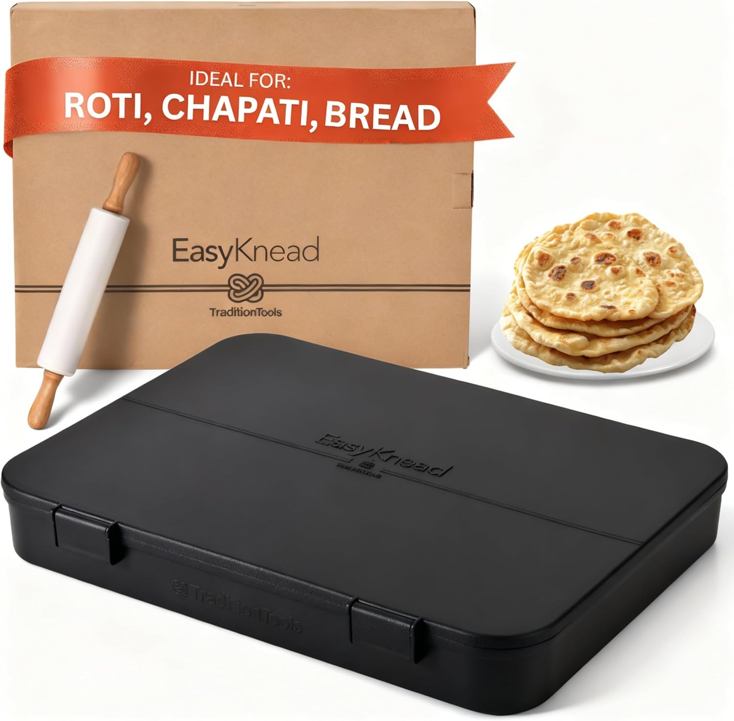 EasyKnead Roti Box with Lid and Rolling Pin – Rotibox for Rolling Roti - Roti Making Box for Chapati, Paratha, Puri – Non-Slip Kneading Board Rotibox