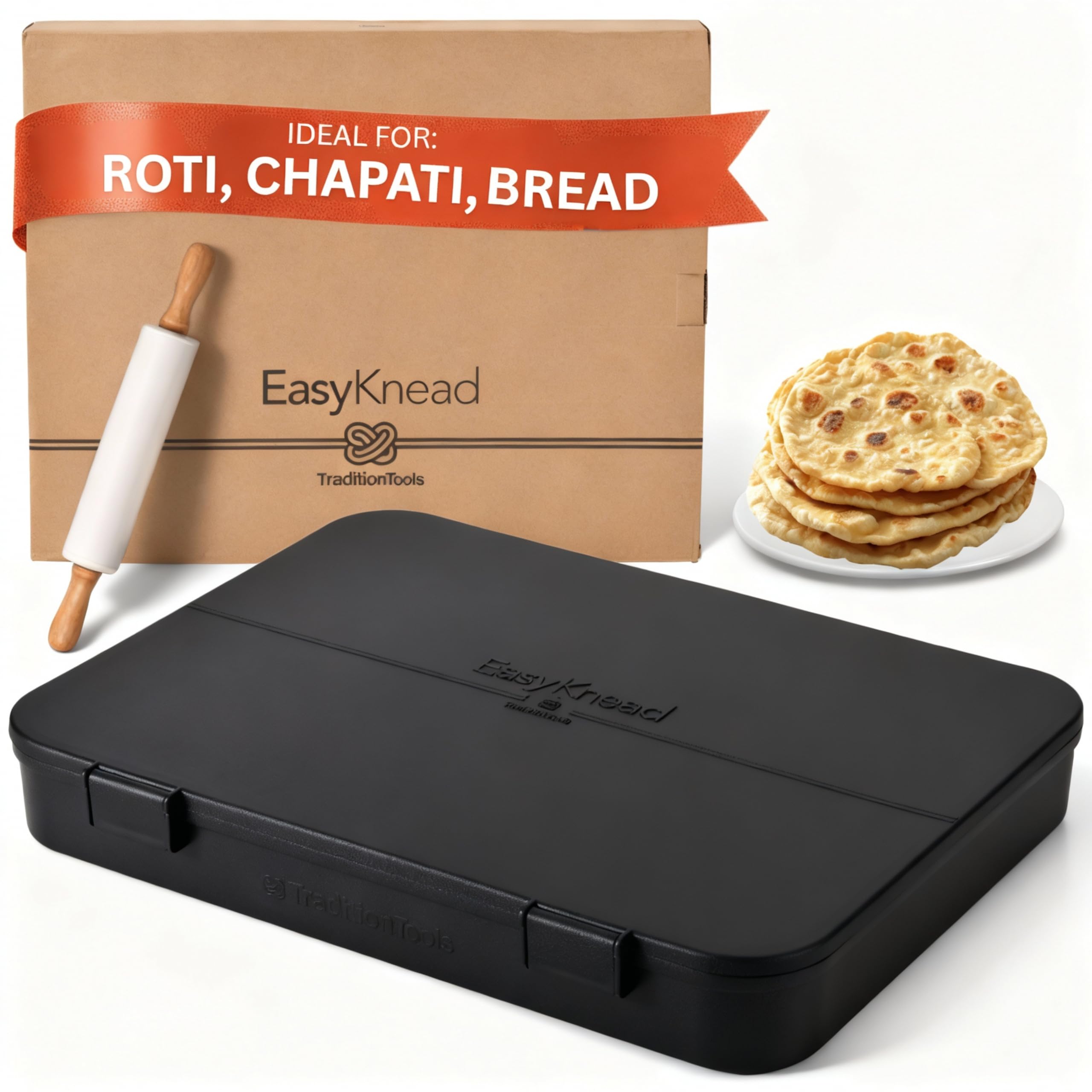 TraditionTools EasyKnead Roti Box with Lid and Rolling Pin – Rotibox for Rolling Roti - Roti Making Box for Chapati, Paratha, Puri – Non-Slip Kneading Board Rotibox