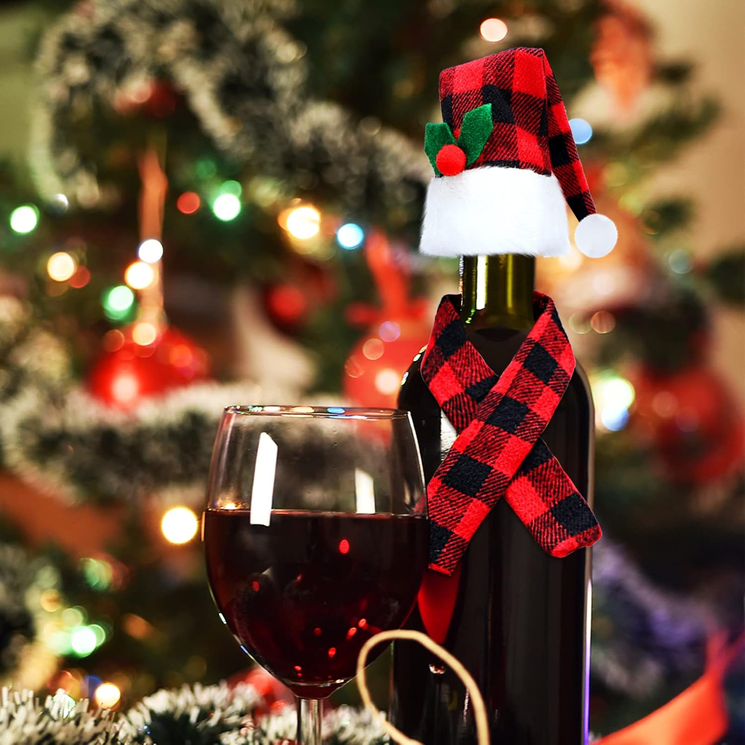 24 Pieces Christmas Wine Bottle Cover Set Christmas Buffalo Plaid Mini Xmas Santa Hat Scarf for Wine Bottle(Cute)