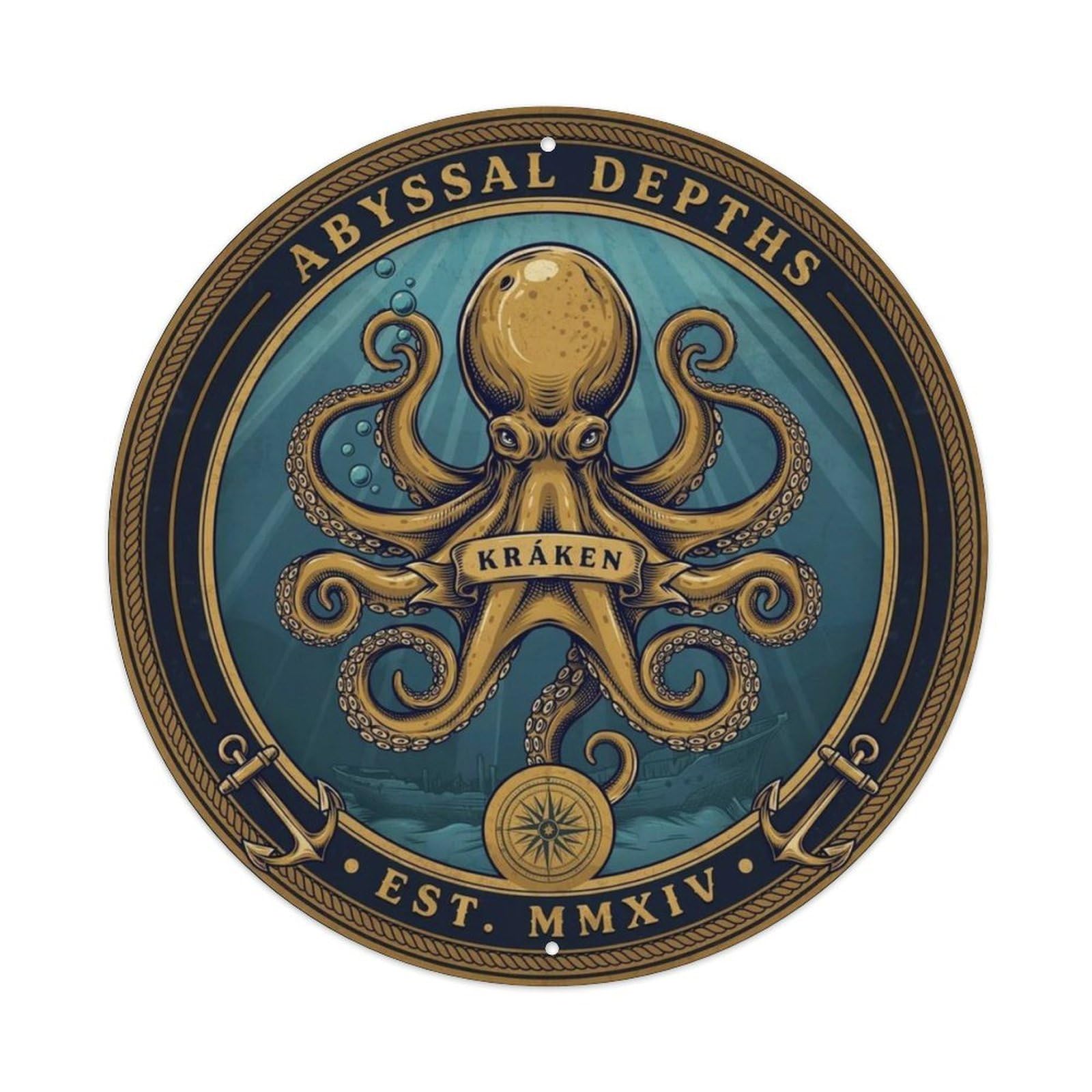 Vintage Octopus Deep Sea Metal Tin Sign Plaque