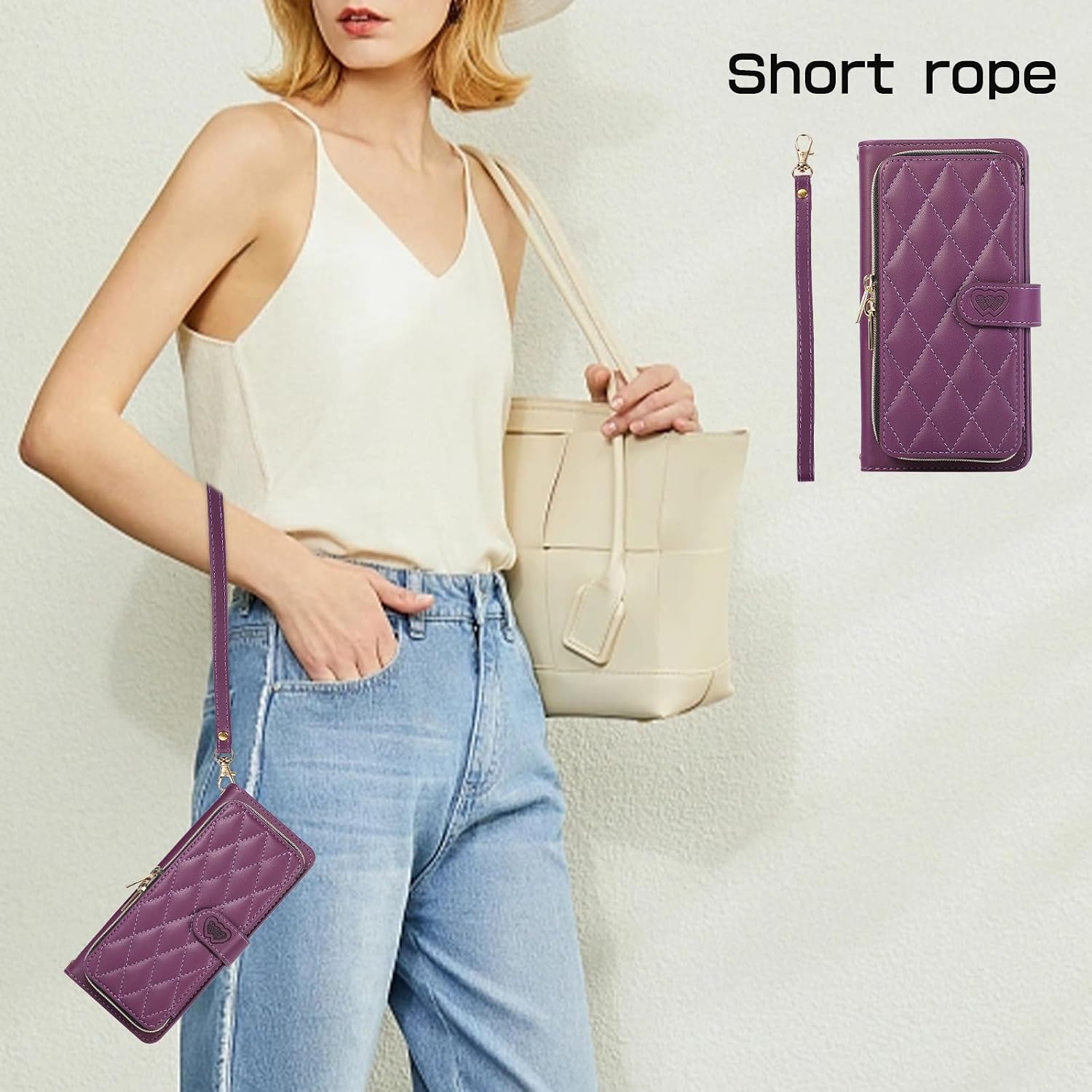 Wallet Case for Samsung Galaxy Z Fold 4 with Zipper Card Holder & Shoulder Strap & Wrist Strap, Crossbody Purse Handbag Stylish Protective Cover for Galaxy Z Fold 4 -Dark Purple