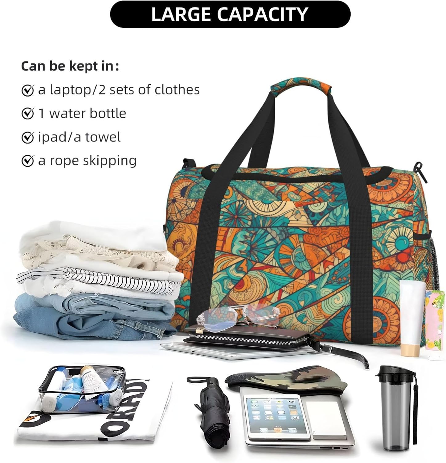 Hippie Patchwork Big Capacity Sports Gym Bag Portable Travel Duffle Bag, Vintage Elements Lightweight Weekender Workout Bag for Overnight, Unisex