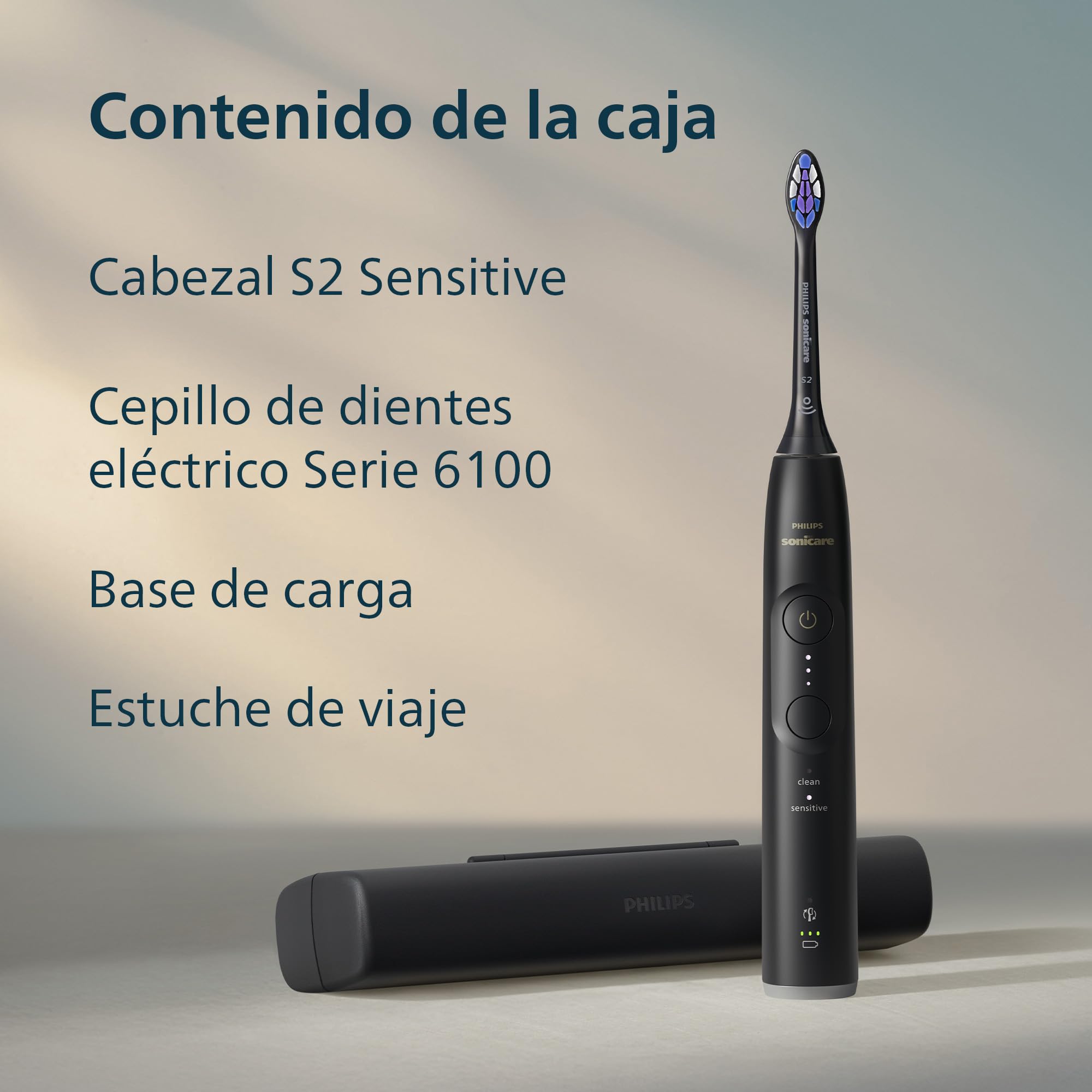 Cepillo eléctrico Philips Sonicare Serie 6100 - Tecnología Next Generation Sonicare, sensor de presión, 6 ajustes de cepillado, SmarTimer, BrushPacer, 21 días de autonomía, estuche, negro, HX7401/12