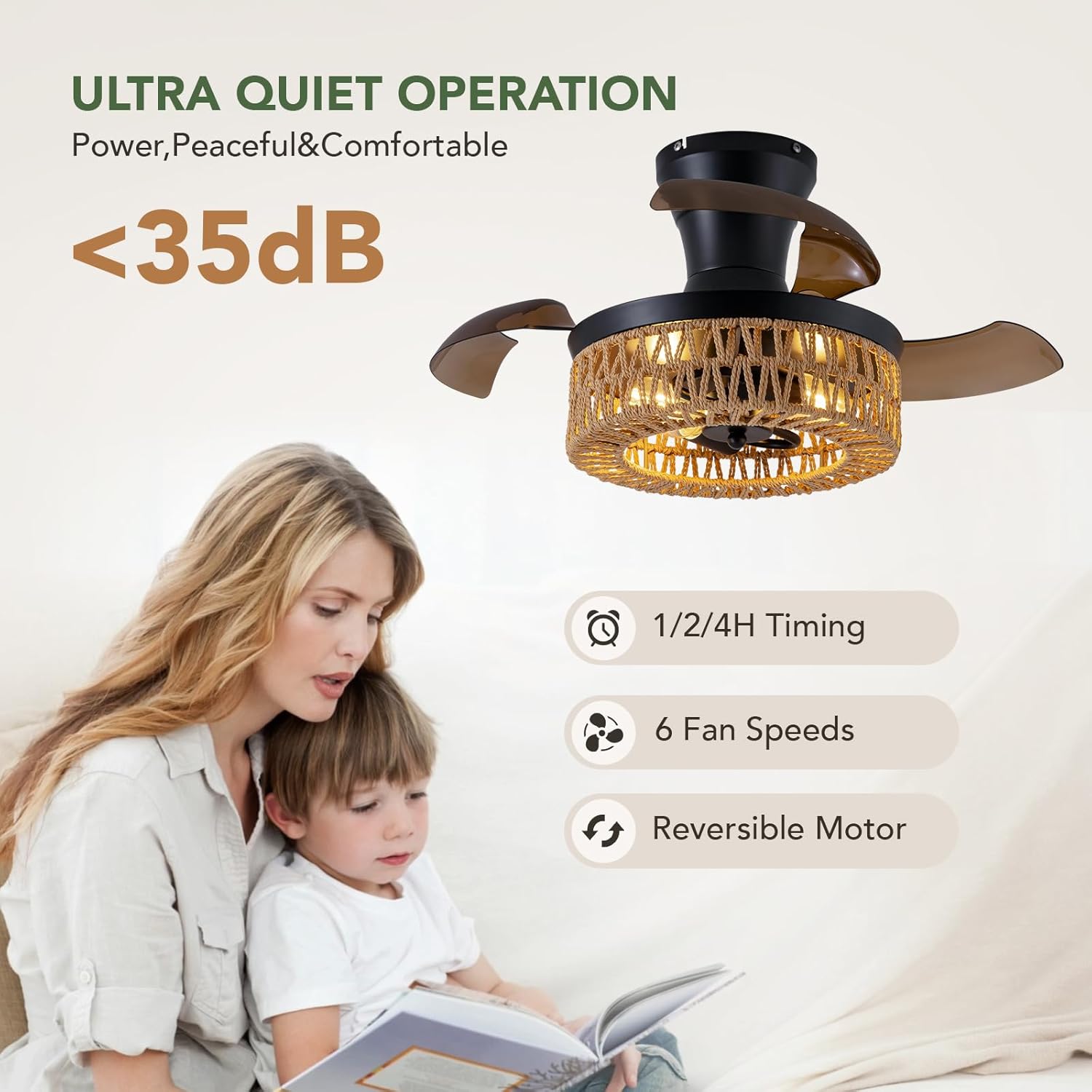 28'' Retractable Ceiling Fan with Lights and Remote, Flush Mount Small Caged Ceiling Fan Farmhouse Boho Fandelier Invisible Blades 6 Wind Speed for Kids Room Bedroom Kitchen Dining Room