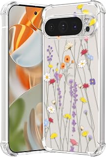 Floral Case for Google Pixel 9 Pro XL,Clear Flower Phone Case Slim Cute Cover for Girls Women,Transparent Soft Silicone Four Corners Shockproof Phone Cover,Lavender