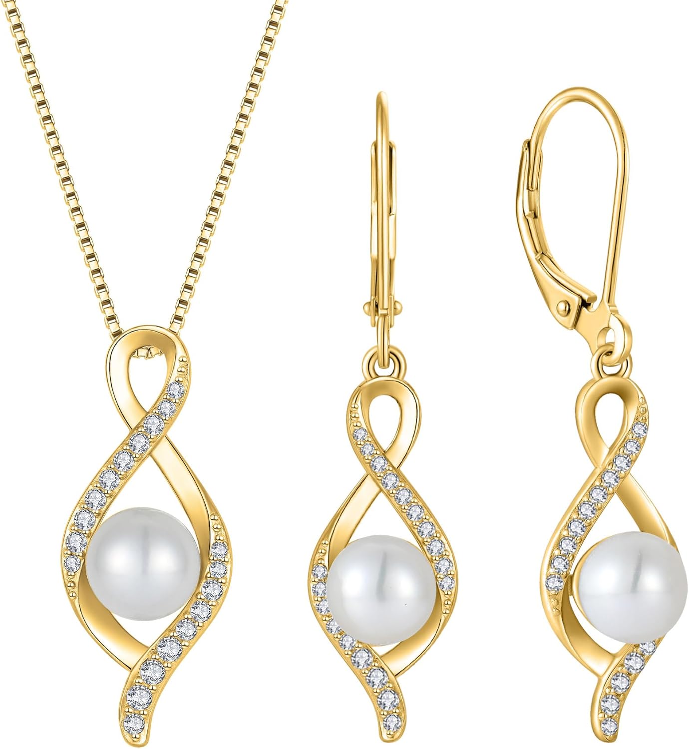 Inpasne 18K Yellow Gold Plated Freshwater Pearl Jewelry Set for Women 925 Sterling Silver Infinity Pearl Necklace and Dangle Drop Leverback Earrings Set