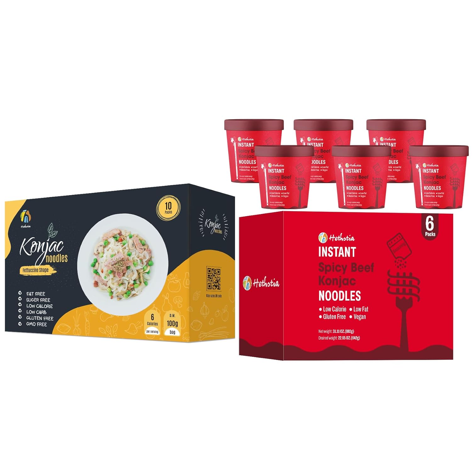 Hethstia Bundle – Konjac Fettuccine & Spicy Beef Pho Cups, 10 Shirataki Fettuccine Packs + 6 Instant Spicy Beef Pho Cups, Vegan, Sugar-Free, Low-Calorie, Plant-Based Meal Kit