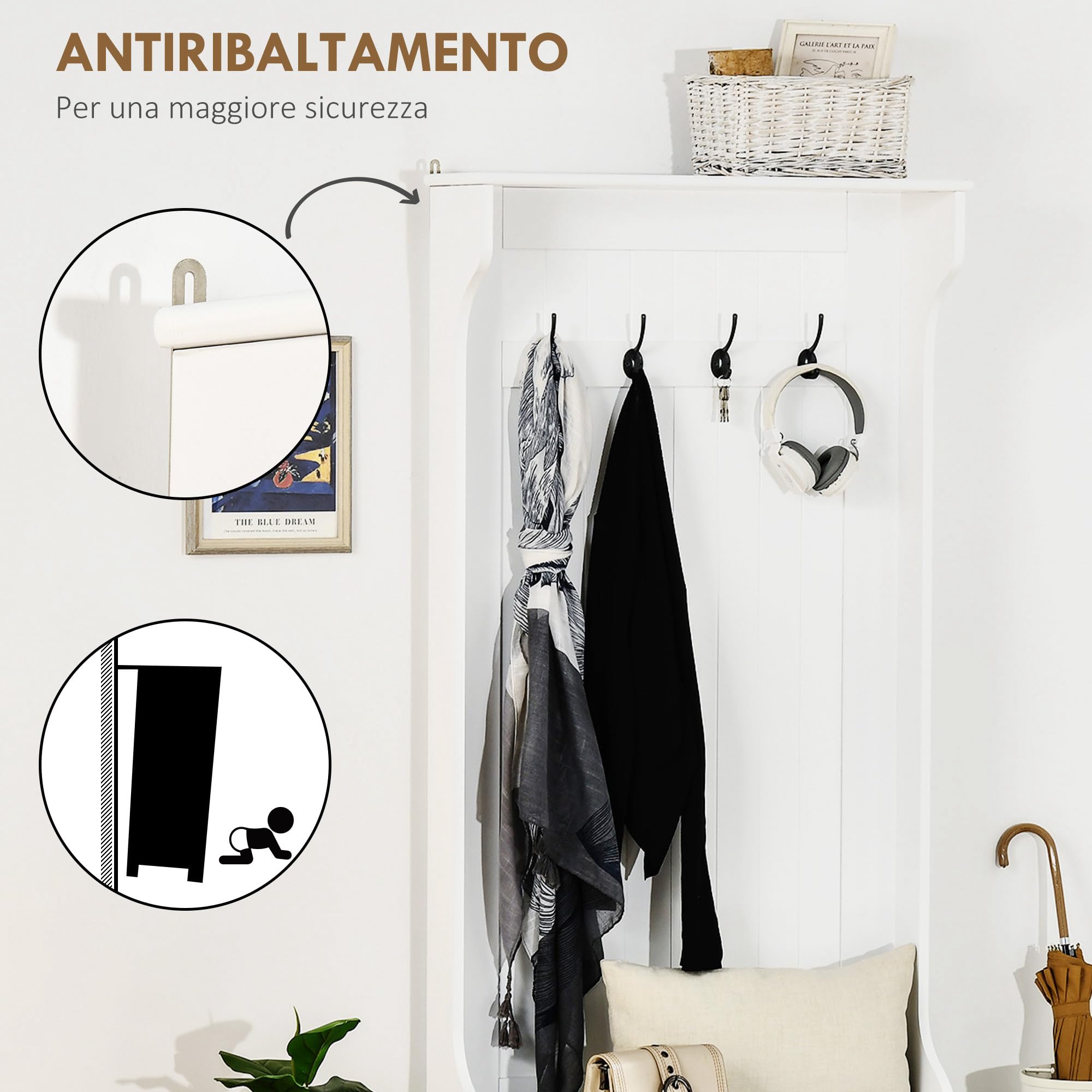 HOMCOM 3 in 1 Appendiabiti da Ingresso con Scarpiera, Attaccapanni da Terra Salvaspazio con 4 Ganci e Panca Contenitore, in MDF, per Corridoio, Camera da Letto, 71.5x39.5x170 cm, Bianco