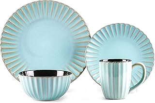 Osita Strip Stoneware 16pc Dinnerware Set, Golden Turquoise