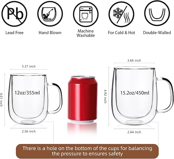 CNGLASS Large Double Wall Glass Coffee Mug 15.2oz(450ml),Clear Insulated Glass Espresso Cup with Big Handle,Clear Mug for Latte,Cappuccino,Tea Bag,Hot and Cold Beverages,Set of 2