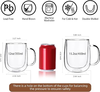 CNGLASS Large Double Wall Glass Coffee Mug 15.2oz(450ml),Clear Insulated Glass Espresso Cup with Big Handle,Clear Mug for Latte,Cappuccino,Tea Bag,Hot and Cold Beverages,Set of 2