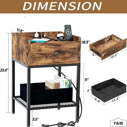 Miniatura 9 de Y&M Mesita de noche con estación de carga y puertos USB, mesa auxiliar con cajón, moderna mesita de noche, estante de almacenamiento para espacios